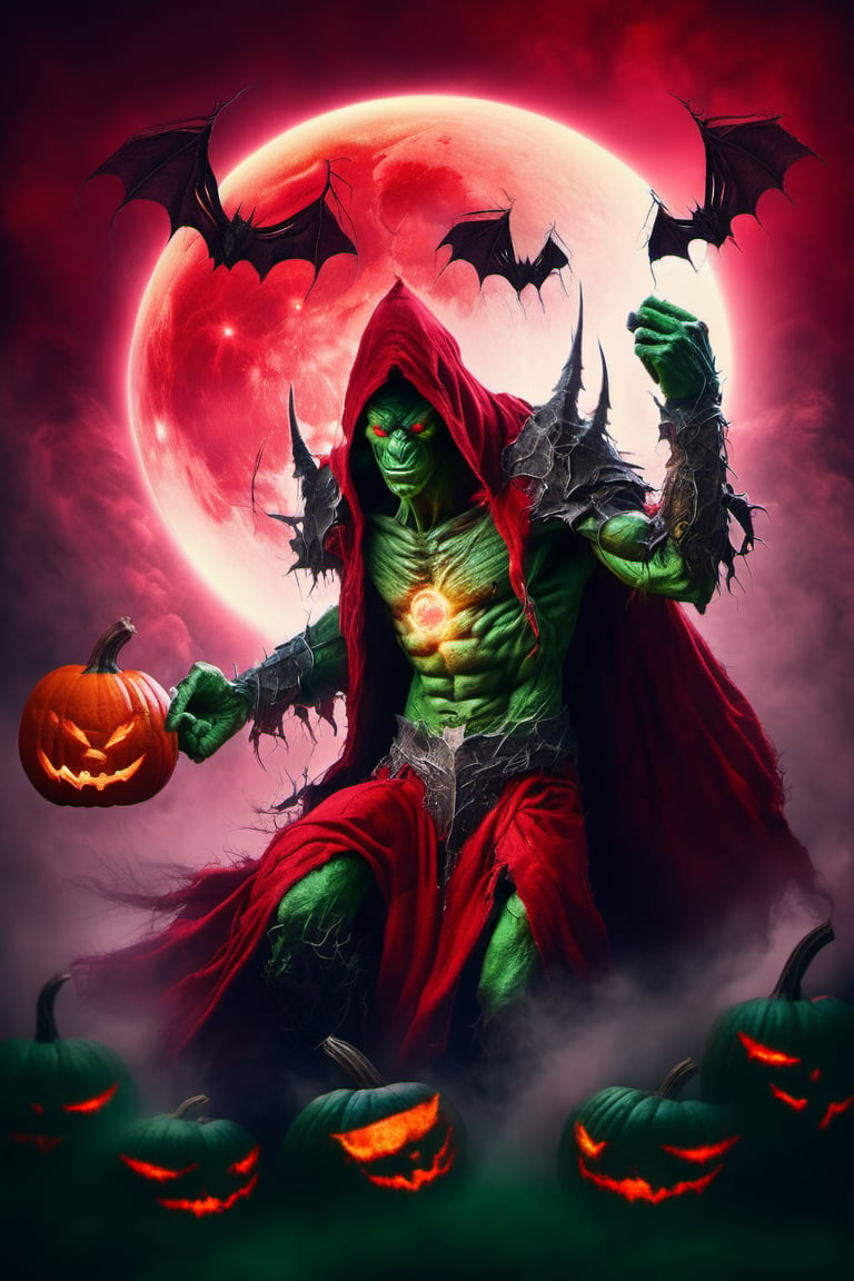 Happy Halloween, (Raw Photo:1.3) of (Ultra detailed:1.3) , (monster) legendary green-skinned goblin with red glowing eyes and red tattered robes in foreground, ( pumpkins, bats, fog, red moon with red lightning background scene ) , realistic dark fantasy art, Highly Detailed, DirectX 12: 0.6, ultra realistic: 0.5, f/2.2, Paloroid, HDR, RTX, 1024K,DonMD34thKn1gh7XL,LegendDarkFantasy