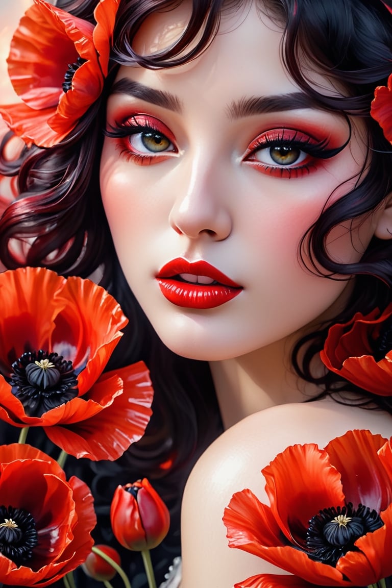 beautiful young, passionate, large expressive black eyes, scarlet lips, curly red-black hair, crimson poppies, crimson tulips, tongues of fire, lush watercolor, fine drawing, shine, diamond dust, filigree, work of art