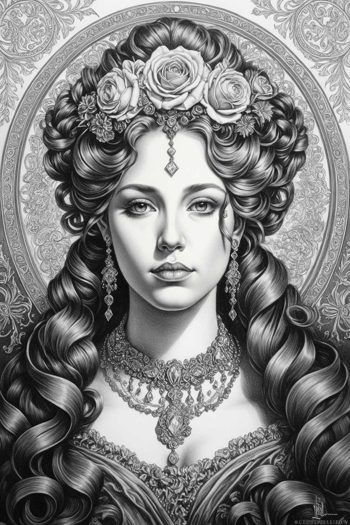 a drawing of a woman with flowers in her hair, intricate steampunk ornate, style of Rococo, detailed charcoal drawing, luxurious ornate golden jewelry, image of random arts, ornate with white diamonds, portrait of mournful, featured art, ornate patterned people, fulcolor
