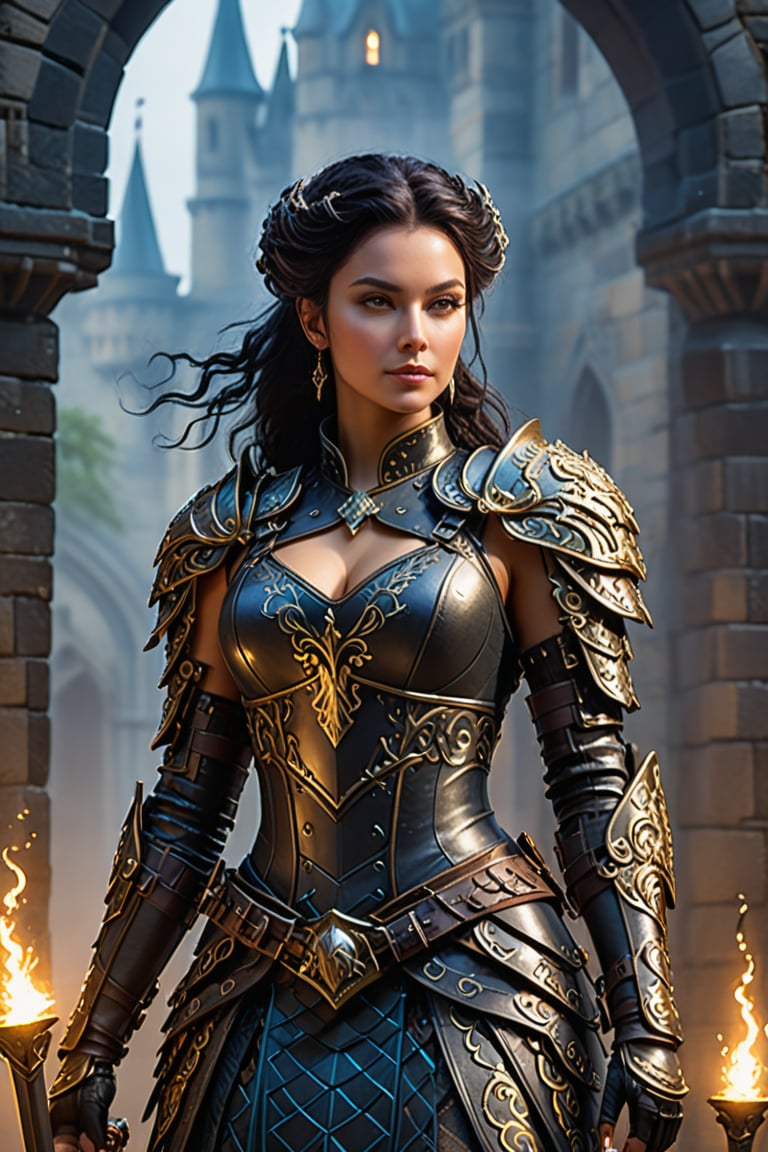 Within a dimly lit, misty courtyard of a foreboding Gothic castle, a young lady warrior emerges from the shadows. Her raven tresses flow like a waterfall down her back, as she dons futuristic armor adorned with metallic scales and supple leather straps. The warm glow of torches casts long shadows across the stone flags, while the dark silhouette of the castle looms behind. In this 3D render, Rococo-inspired curves and ornate details dance across the warrior's suit, blending medieval mystique with modern ingenuity.,portrait art style,portraitart