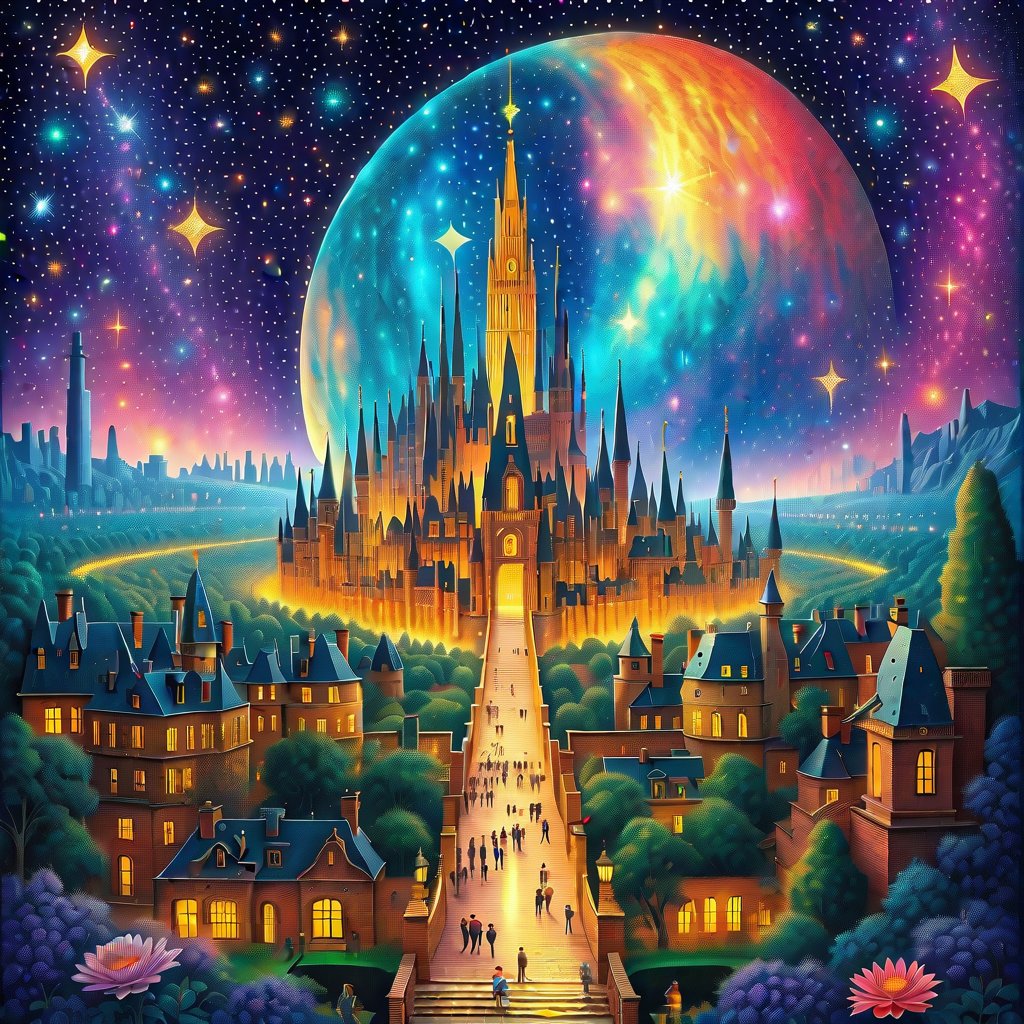 Beyond the Moon, an iridescent city hanging in a sea of stars. The city is composed of crystalline towers that reflect cosmic light. The background contains swirling nebulae. There are glimmering paths of starlight winding through ethereal gardens. The city is inhabited by translucent beings that weave energy. The surfaces contain intricate murals in the style of Escher and Van Gogh. The city is a tapestry of otherworldly beauty under a celestial dome.