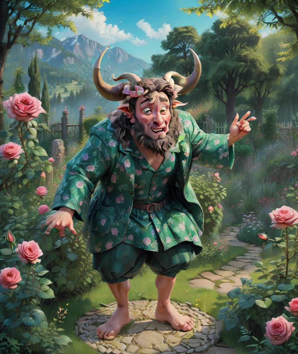 rose with horns, funny facial expressions, Exaggerated action, 3D character, green garden background, a little hairy, round shape, cartoon style, maximalism