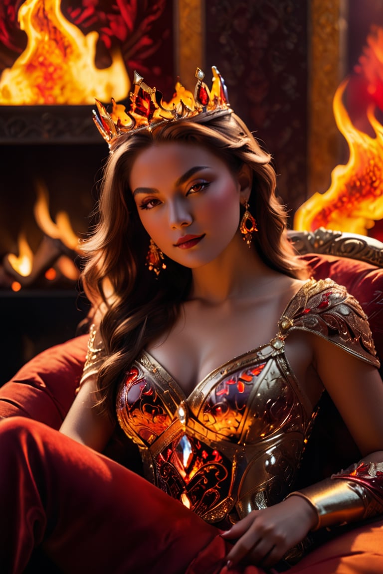 A mesmerizing fire Empress sits majestically amidst a backdrop of fiery hues, her crystalline crown gleaming in the warm light. She reclines upon plush, crimson pillows, exuding confidence as a captivating subject for a high-fashion photo shoot. Soft, golden illumination dances across her features, highlighting the embers burning within.