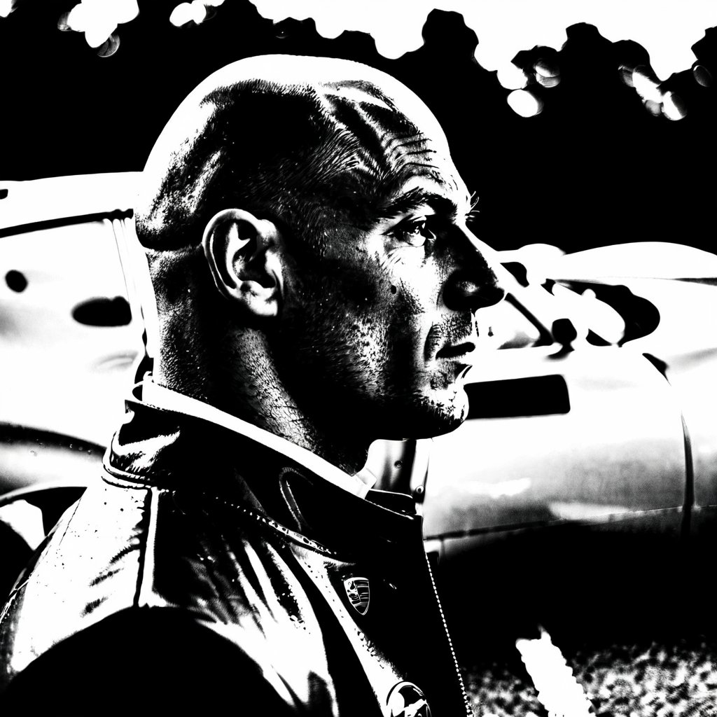 solo, 1boy, monochrome, greyscale, male focus, profile, copyright name, portrait, bald, round image,Porsche