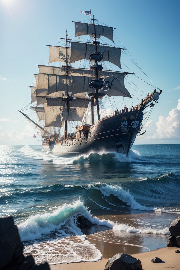 (Masterpiece, high quality, best quality, official art, beauty and aesthetics: 1.2), ((Pirate ship "Black Pearl")) from "Pirates of the Caribbean", standing near the shore, in the style of Claude Lorrain,
 blue theme, surrealist dream style, cream organic fluid, light tracing, foreground occlusion, natural light, jungle, c4d, OC rendering, product photography