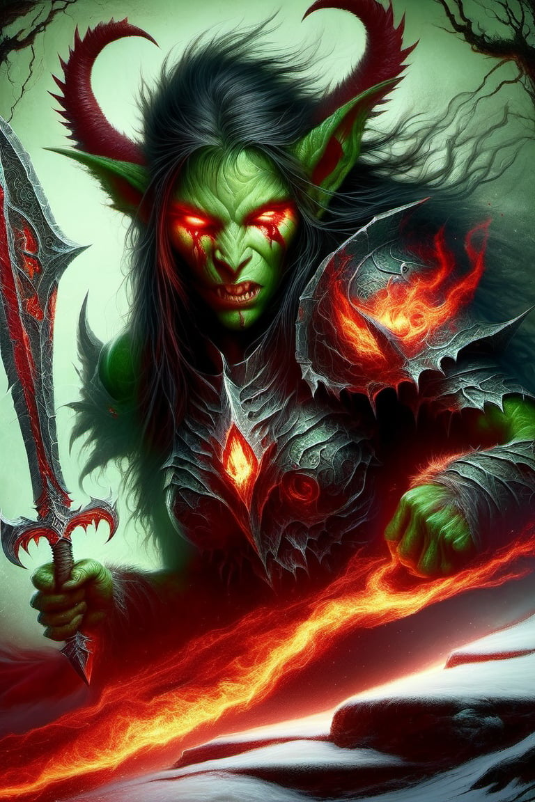 (Raw Photo:1.3) of (Ultra detailed:1.3) , (monster) World of Warcraft, goblin woman, fangs, green skin, red eyes, sword, torn clothes, fire, drool, goblin woman, cave, snow, red moon with red lightning background scene, realistic dark fantasy art,Highly Detailed,DonMW15pXL,DonMD34thKn1gh7XL