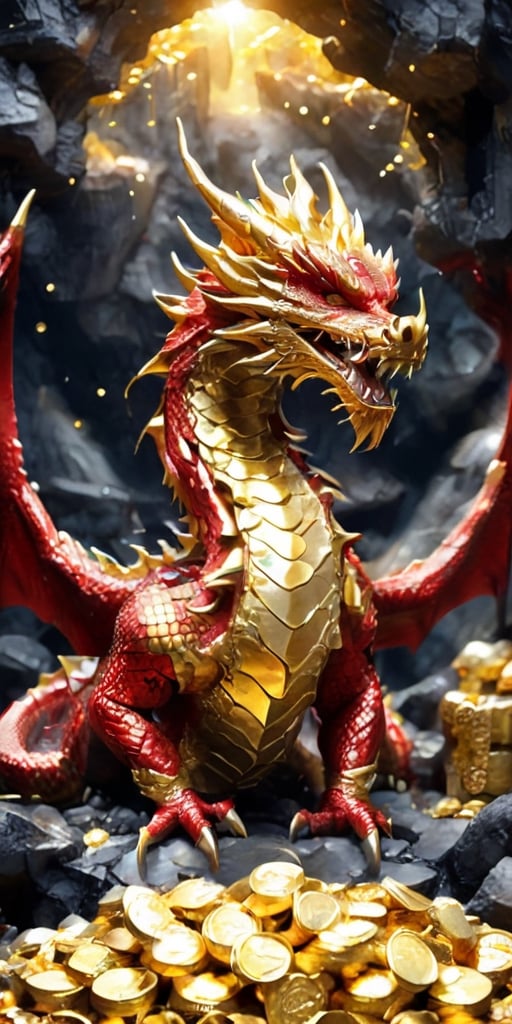 Red and black dragon, standing on a pile of gold coins and treasure in a cave, Dragon,