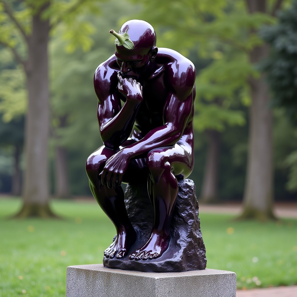 The Thinker statue, originally created by French sculptor Auguste Rodin, depicts a man sitting on a stone with his fist resting on his chin, symbolizing deep concentration and thought. In this fantasy interpretation, she is presented in an unusual form made from eggplant, adding an element of playfulness and surrealism to the classic work of art. The statue was originally intended to be part of the Gates of Hell work, but this version invites viewers to think about the nature of thought and creativity in a whole new way.