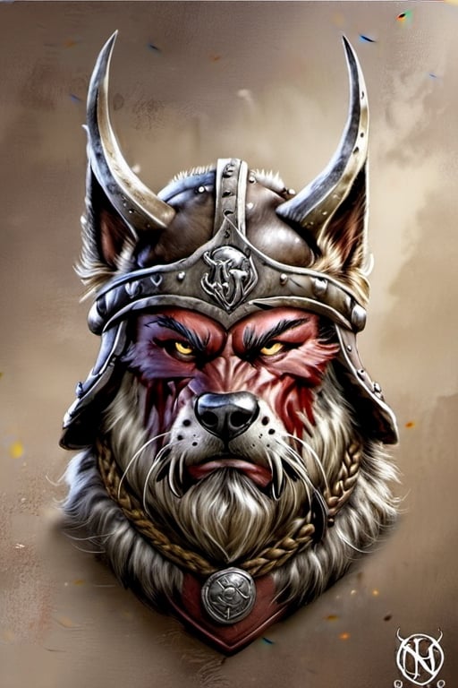 Northern wolf, in a Viking helmet, logo, fantasy art, style by Boris Vallejo