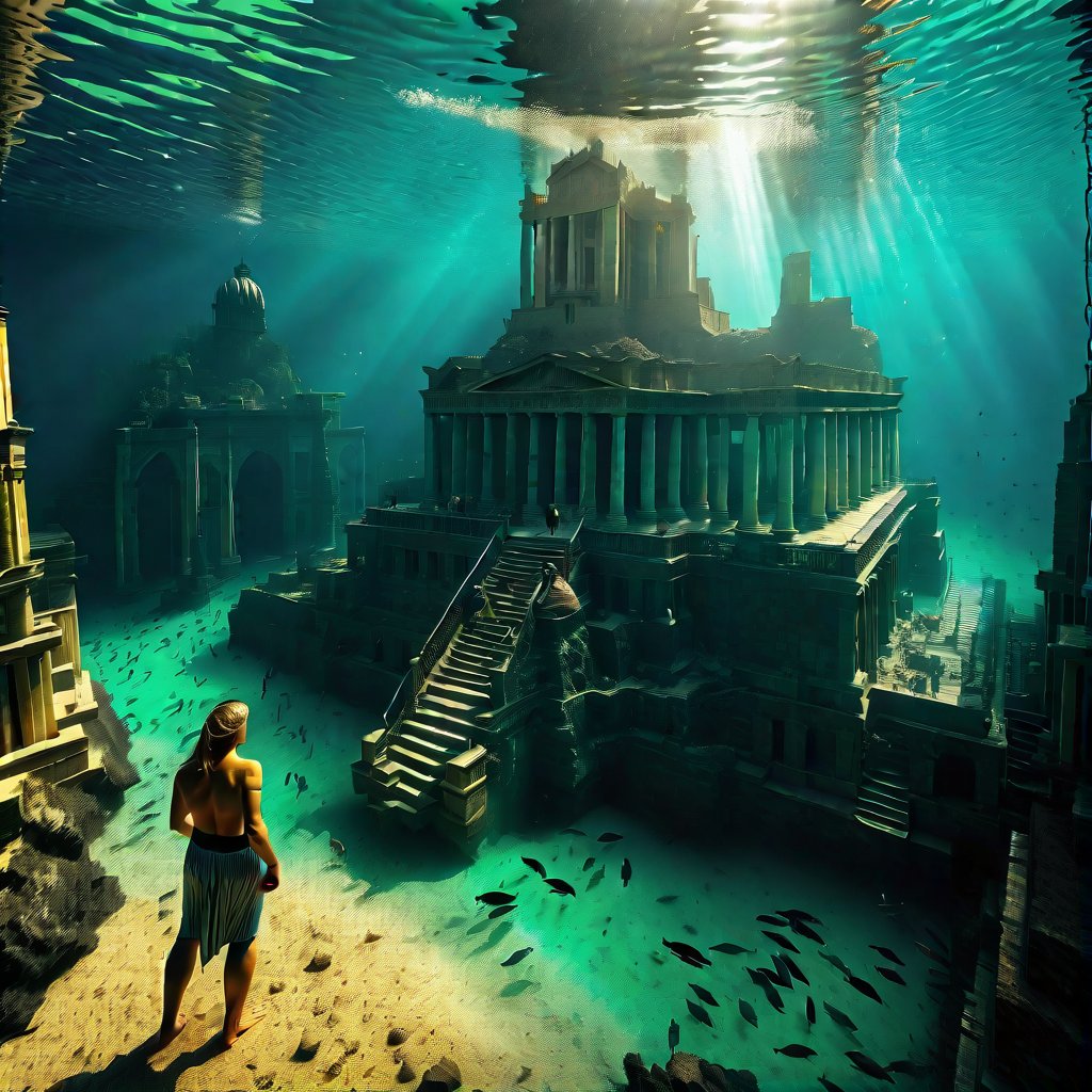 A fantastic underwater scene that could be interpreted as the mythical city of Atlantis. In the foreground, the silhouette of a person standing on a sunken platform or land is visible, looking at the surrounding landscape. Around this figure are ruins and classical architecture, partially submerged in water, with columns, arches, and staircases leading nowhere. Above these ruins, a large structure rises, resembling a cathedral or palace with steeples and large windows emitting a soft glow that illuminates the surrounding water. Light penetrates the water from above, suggesting the presence of an opening on the surface far above. Around this underwater cityscape, fish of various sizes swim. This image is interesting because it conveys the grandeur and mystery associated with Atlantis - the legendary island mentioned in the works of Plato, which is said to have sunk in the ocean.
