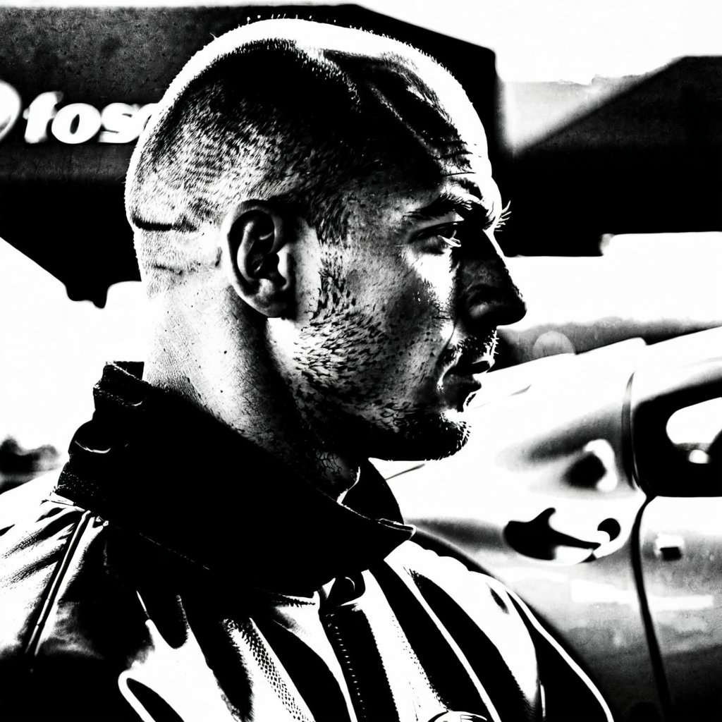 solo, 1boy, monochrome, greyscale, male focus, profile, copyright name, portrait, bald, round image,Porsche