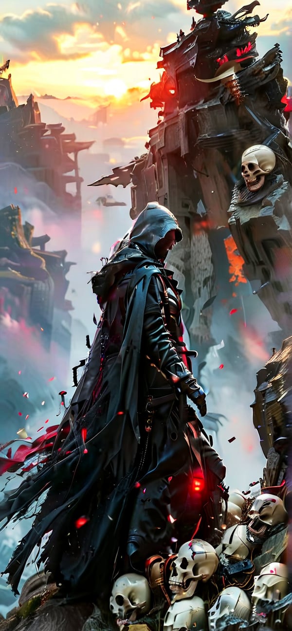 A dark fantasy masterpiece: A hooded monk-warrior, Death, stands atop a hill of human skulls and otherworldly creatures against an ominous mountain backdrop at sunset. The figure's leather-adorned robe, gray cloak, and black gloves contrast with the vibrant color palette, evoking Boris Vallejo's style. Framed by the setting sun, the character exudes power and mystery.,adamcnbldg style