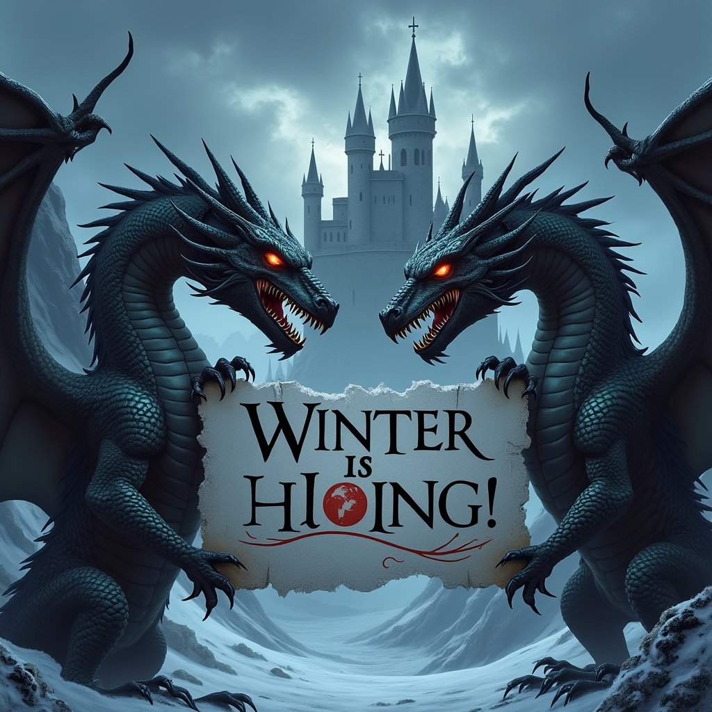 
"Winter is coming" poster, held by two fierce dragons with intricately scaled wings, claws gripping the edges, darkened medieval castle looms in the background with towering spires, stormy clouds swirl above, the atmosphere thick with impending doom, sharp contrasts of fiery dragon eyes against the cold stone battlements, rich, detailed textures reflect a harsh winter landscape.,art_solyanka