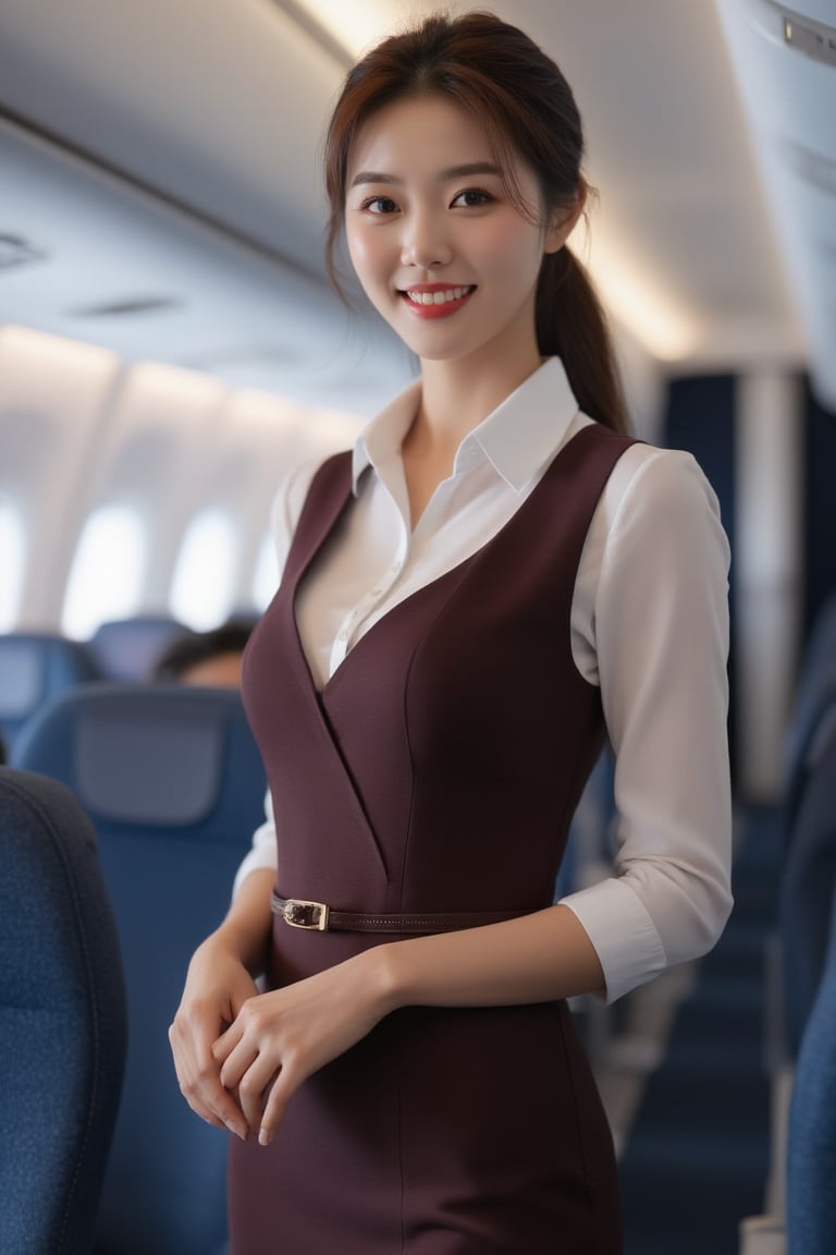 A surreal image of a young Korean flight attendant wearing a stylish, neat uniform. She is standing in the cabin of a modern airplane, smiling elegantly with perfect posture. Soft lighting adds warmth against the backdrop of a clean and tidy interior. realistic,