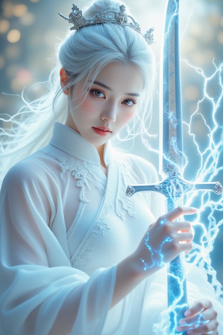 A majestic young female swordsman stands poised in a stunning high-resolution masterpiece, her striking features illuminated by soft, ethereal lighting. Her porcelain-doll face shines with confidence as she wears a flowing white traditional Chinese outfit, adorned with a elegant headdress and vibrant white hair that flows behind her like a river of silk. The sword in her hand crackles with blue electricity, its power coursing through her veins. Against the backdrop of a fantastical landscape, her entire figure appears larger-than-life at 1.3 scale, exuding strength, femininity, and beauty.