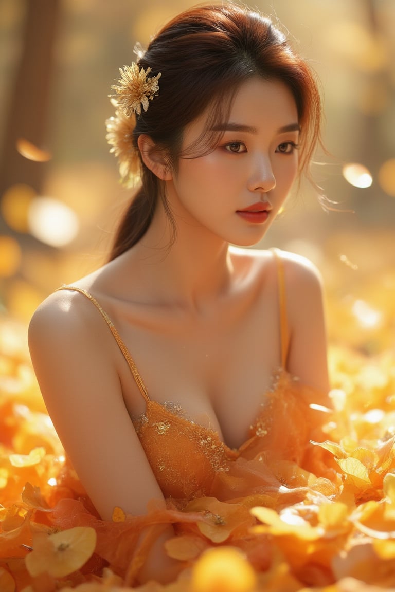 Korean woman, Stephan Caustic, backlit, refracted light, elegance, full body shot, 8k high definition, incredibly detailed, complex and elegant, art by stanley lau, artgerm, wlop style, resting on petals and covered in honey, a wonderful woman from a fairy tale, caidychen, Kuvshinov Ilya. Very detailed in a magical, fantastical and captivating storybook style.