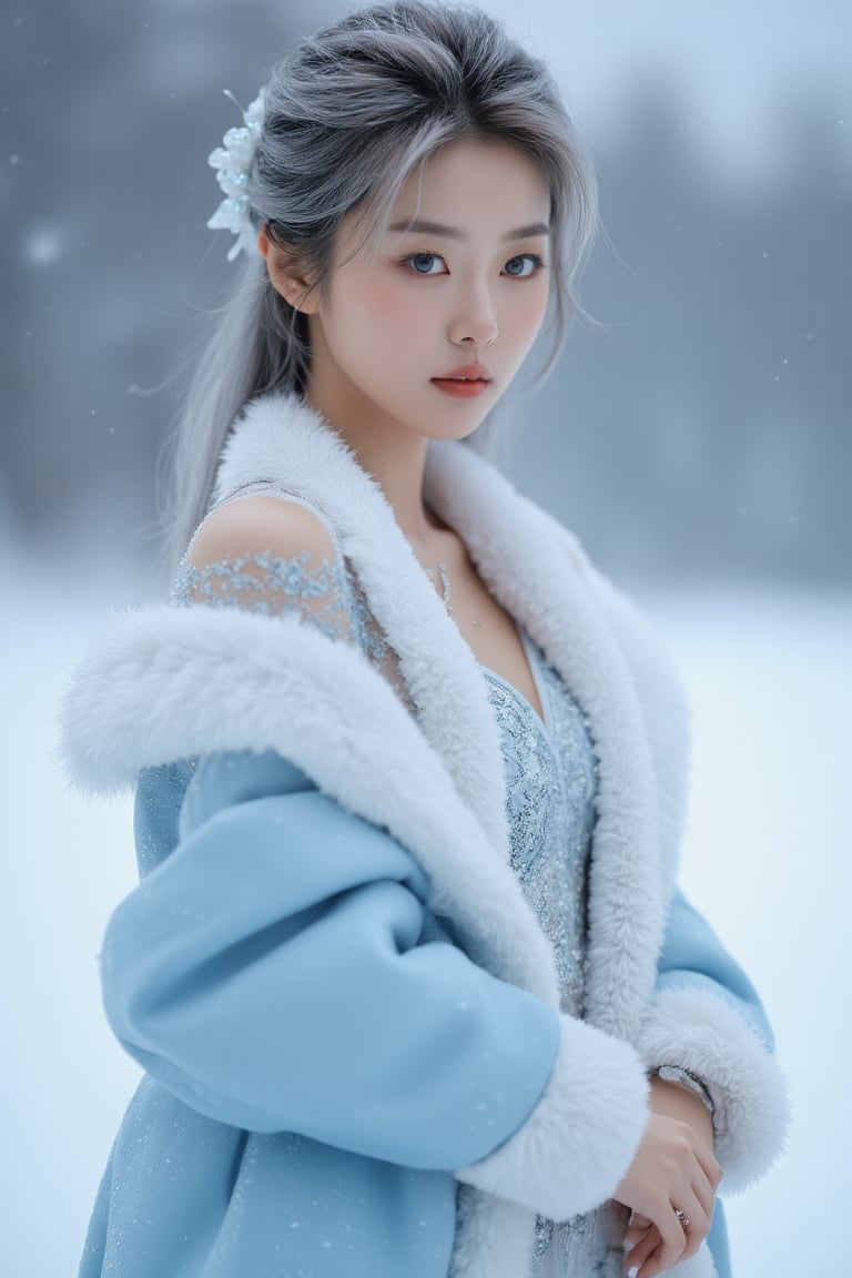 Korean woman, ice princess (blue eyes and gray hair), cold and foggy background, elegant and alluring pose, frozen surroundings, full body depiction, digital artwork, ethereal and alluring style, cool and foggy atmosphere, expressiveness This looks richly artistry, detailed and stylized in high-resolution tones.
((Telegraph:1.3))