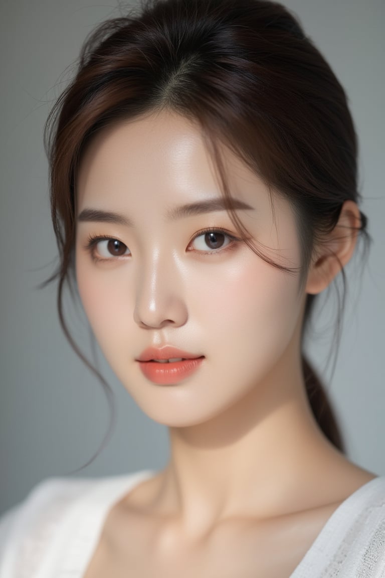 A realistic portrait of a young, beautiful Korean woman with flawless skin and delicate features. Her face is softly lit, allowing natural light to accentuate her calm and confident expression. The background was softly blurred to focus on her beautiful face. Cinematic lighting, HD quality, soft focus, natural realism