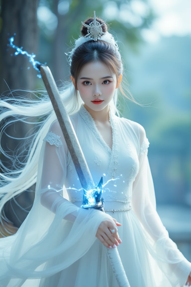 A majestic young female swordsman stands poised in a stunning high-resolution masterpiece, her striking features illuminated by soft, ethereal lighting. Her porcelain-doll face shines with confidence as she wears a flowing white traditional Chinese outfit, adorned with a elegant headdress and vibrant white hair that flows behind her like a river of silk. The sword in her hand crackles with blue electricity, its power coursing through her veins. Against the backdrop of a fantastical landscape, her entire figure appears larger-than-life at 1.3 scale, exuding strength, femininity, and beauty.