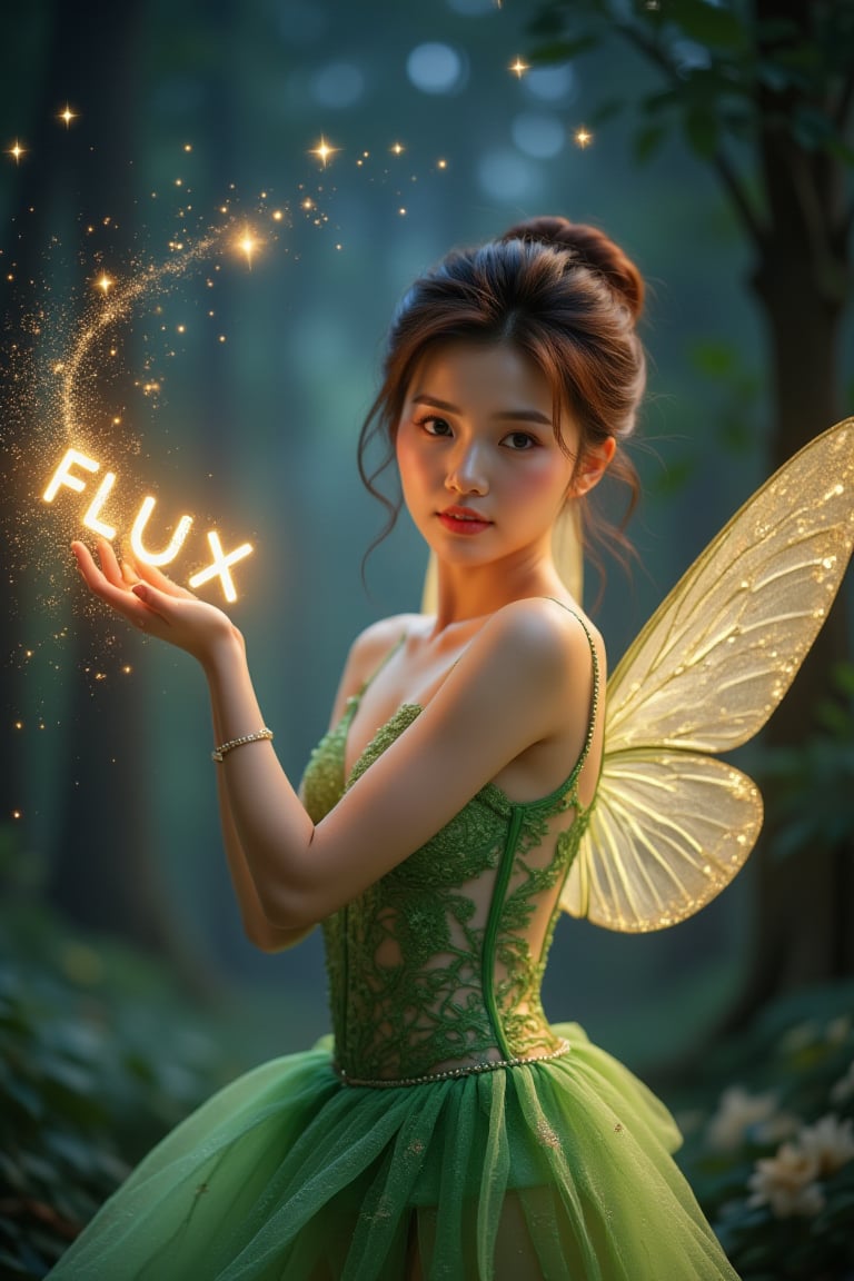  Realistic Asian Tinkerbell with elegant updo hair and green lace outfit. She gracefully waves her glowing magic wand, forming the sparkling word "FLUX" in gold letters. Her delicate wings shine in the moonlight, and a cloud of fairy dust lies behind her. The night sky is full of stars, creating a fantastic atmosphere. cinematic lighting,