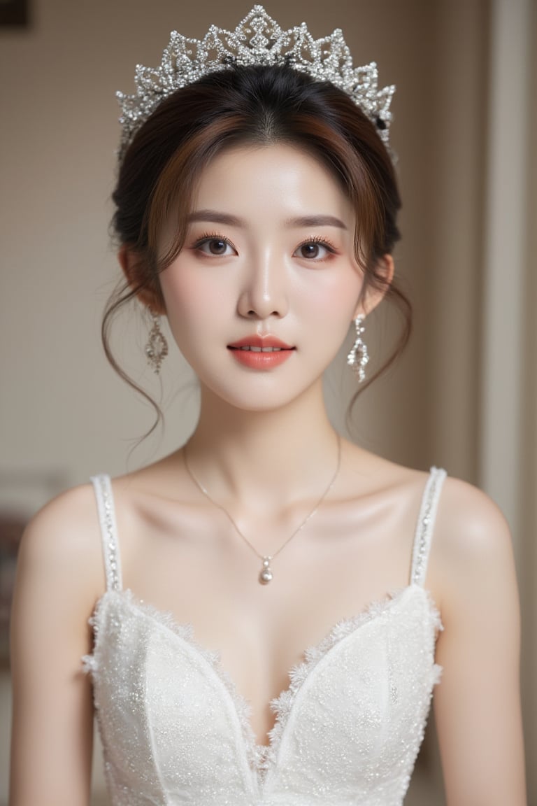 Young and beautiful Korean woman, wedding dress, earrings, necklace and shiny crown, she is in the bridal waiting room wearing a wedding dress, she is the most beautiful in the world today.