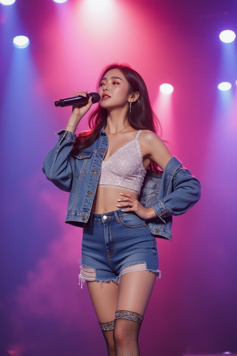 A realistic image of a beautiful Korean woman on stage singing passionately under vibrant and colorful lighting. She wears sexy and stylish outfits that shine even under the spotlight, and radiates star power with confident poses. The background creates a dramatic and energetic atmosphere with bright stage lights and fog.