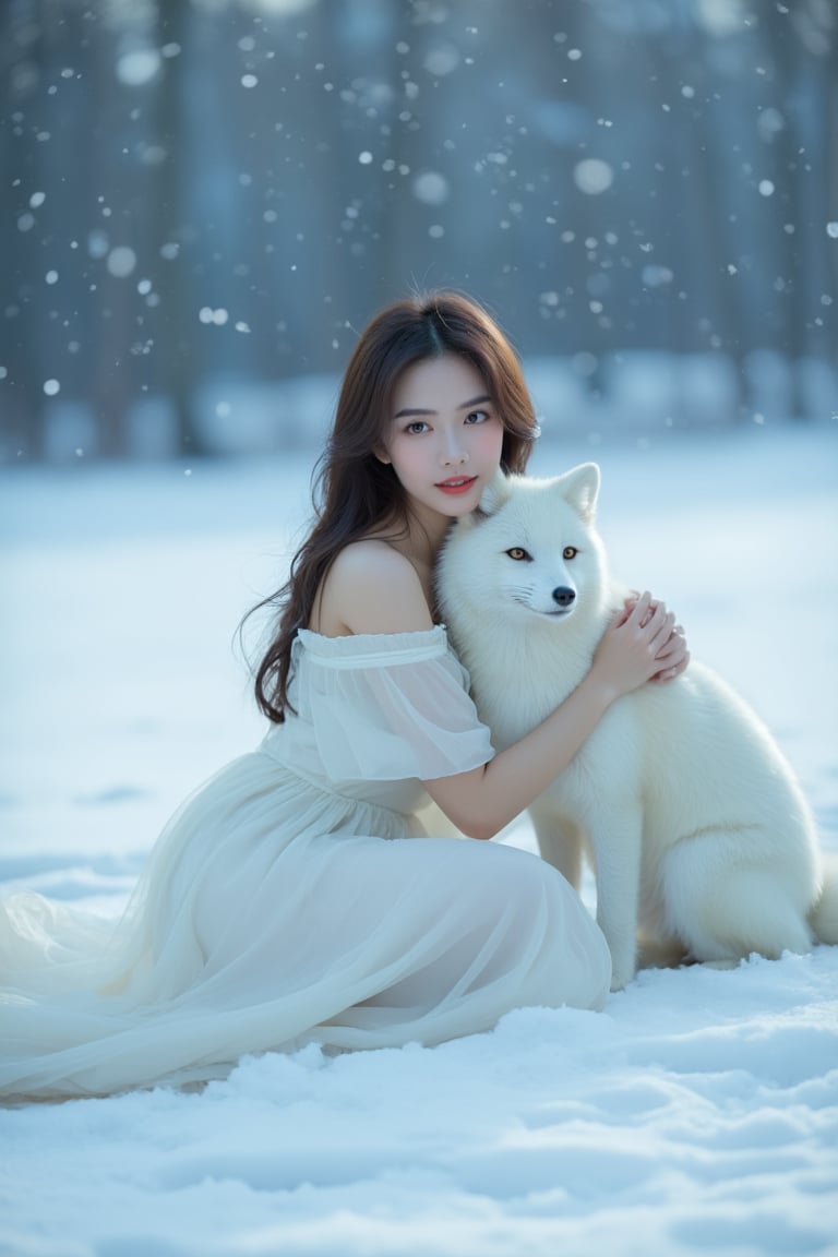 Professional portrait photography. A breathtaking, award-winning movie still captures an ethereal winter scene. An 18-year-old girl, dressed in flowing, light white garments that blend seamlessly with the snowy landscape, sits gracefully on a pristine blanket of snow. Her delicate face, framed by soft, loose strands of hair, gently presses against the neck of a snow-white fox, whose fur glistens in the soft, diffused light. The fox is perched protectively behind her, its head nuzzling her right shoulder with a comforting, intimate gesture. The background is adorned with a subtle bokeh effect, creating a dreamlike atmosphere. White snowflakes float gently down from the sky, adding a sense of tranquility and magic to the scene. The overall composition exudes beauty and serenity, with the visuals blending elements of dream and reality, evoking deep emotions and a sense of otherworldly calm This is a breathtaking portrait.