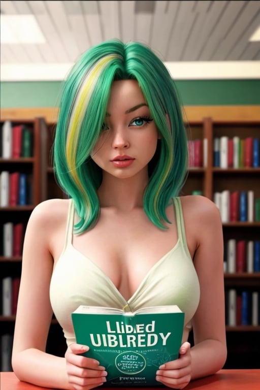Chica hermosa, con cabello de colores, ojos asules, sosteniendo libro , entorno verde, ultraHD,  