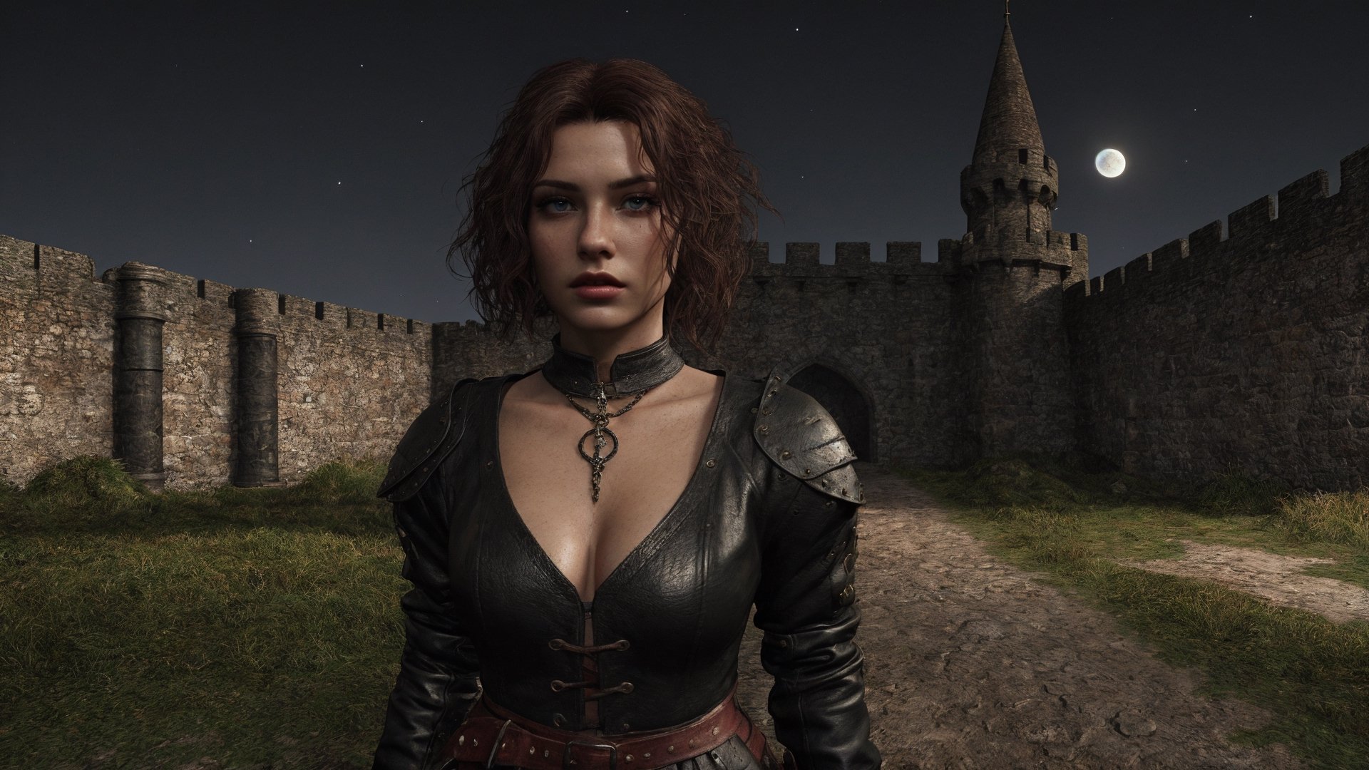 photorealistic, masterpiece, highest quality, (perfect face:1.1), (high detail:1.1), (hyper detailed eyes) dramatic scene, cinematic lighting, detailed background, full body, perfect girl, perfect body, Full leather black medieval armor, blood on clothes, unfriendly expression, Defiant look, reddish curly hair, moss green color eyes, pale_skin. Medieval castle background, moon night, night, dim light from back, bul4n, Realism, FFIXBG, Epic.