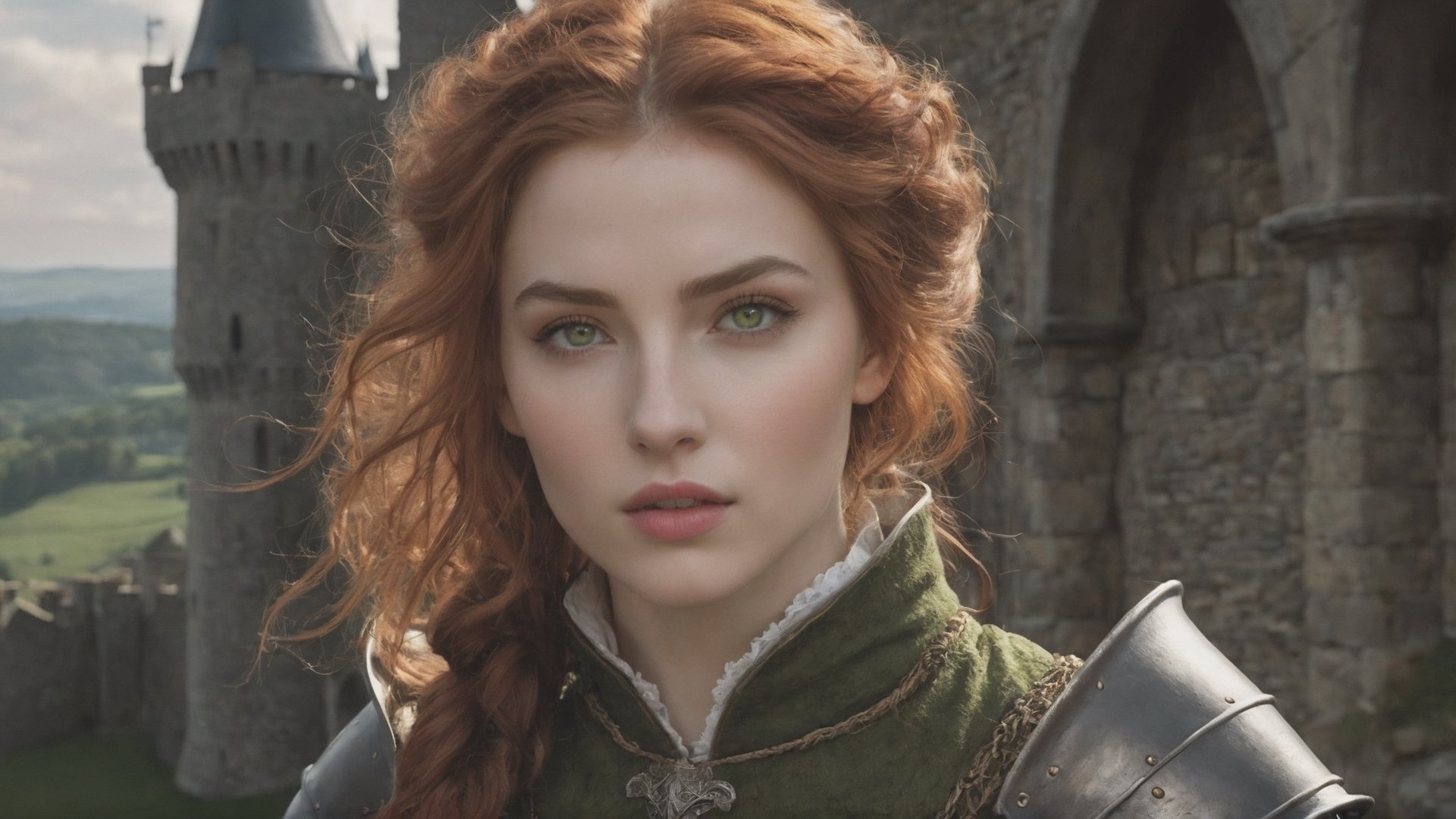 photorealistic, masterpiece, highest quality, (perfect face:1.1), (high detail:1.1), (hyper detailed eyes) dramatic scene, cinematic lighting, detailed background, full body, perfect girl, perfect body, Full leather black medieval armor, reddish curly hair, moss green color eyes, pale_skin, medieval castle background, blood on clothes, unfriendly expression, Defiant look, moon night, dim light from behind.