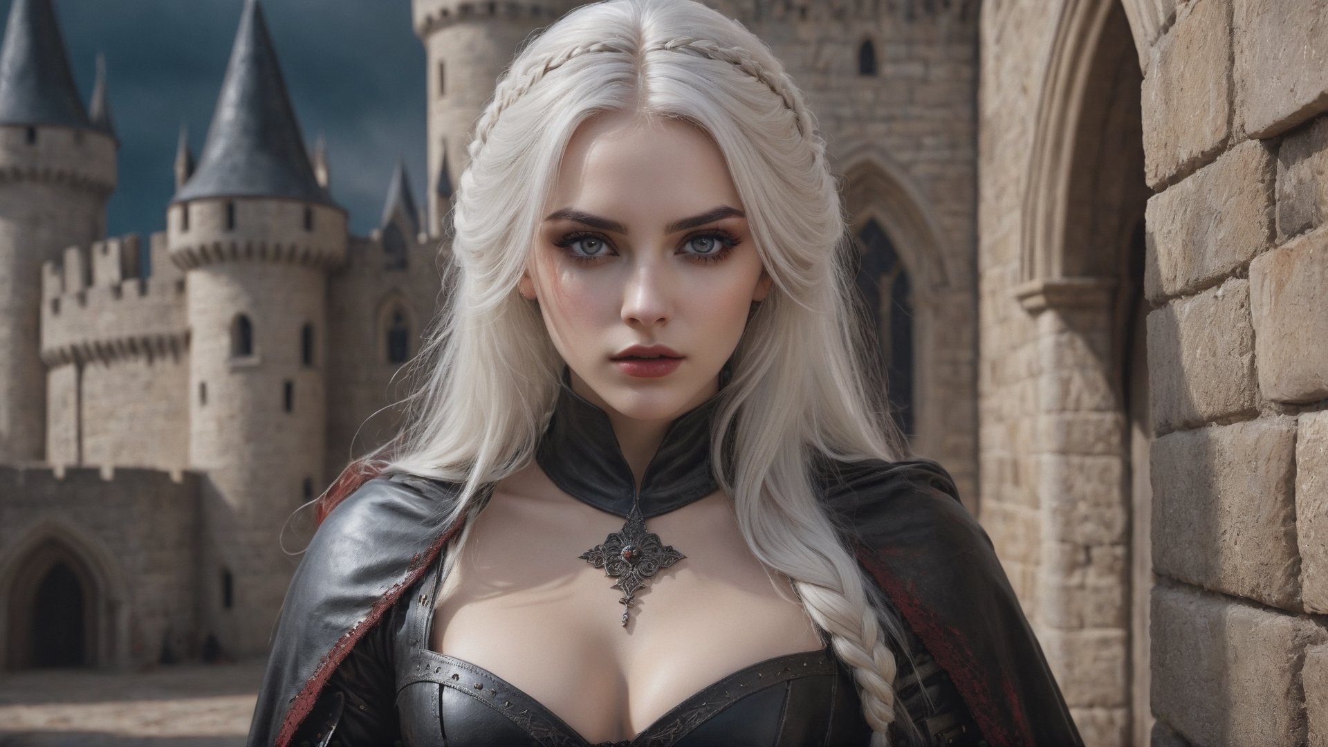 photorealistic, masterpiece, highest quality, (perfect face:1.1), (high detail:1.1), (hyper detailed eyes) dramatic scene, cinematic lighting, detailed background, sexy and perfect girl, perfect body, medieval leather clothes hallowen, white hair, white eyes, pale_skin, castle background, blood-stained_clothes, determined and antipathetic expression.