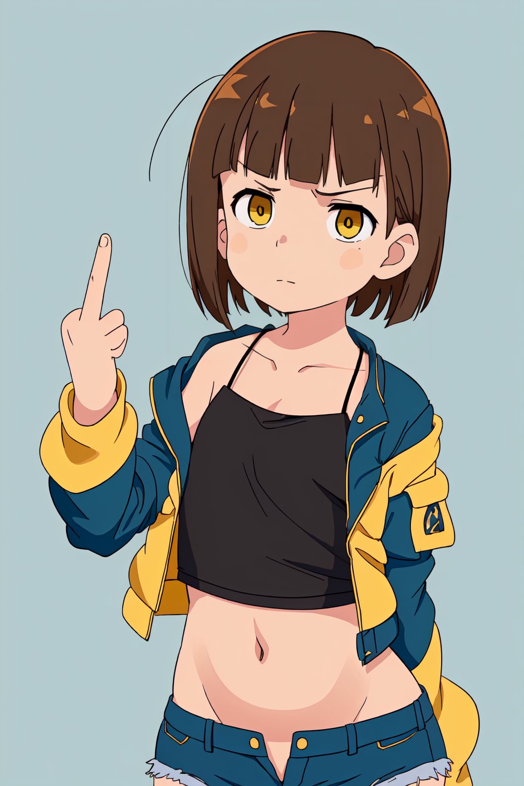 (((1girl, solo, petite, small and curvy body, flat chest))), (((brown hair, short hair, blunt bangs, yellow eyes))), (((blue jacket, black camisole, jean shorts))), (((looking at viewer, tired, middle finger, flipping the bird))), (((pretty girl, beautiful and delicate, perfect body, perfect anatomy)))