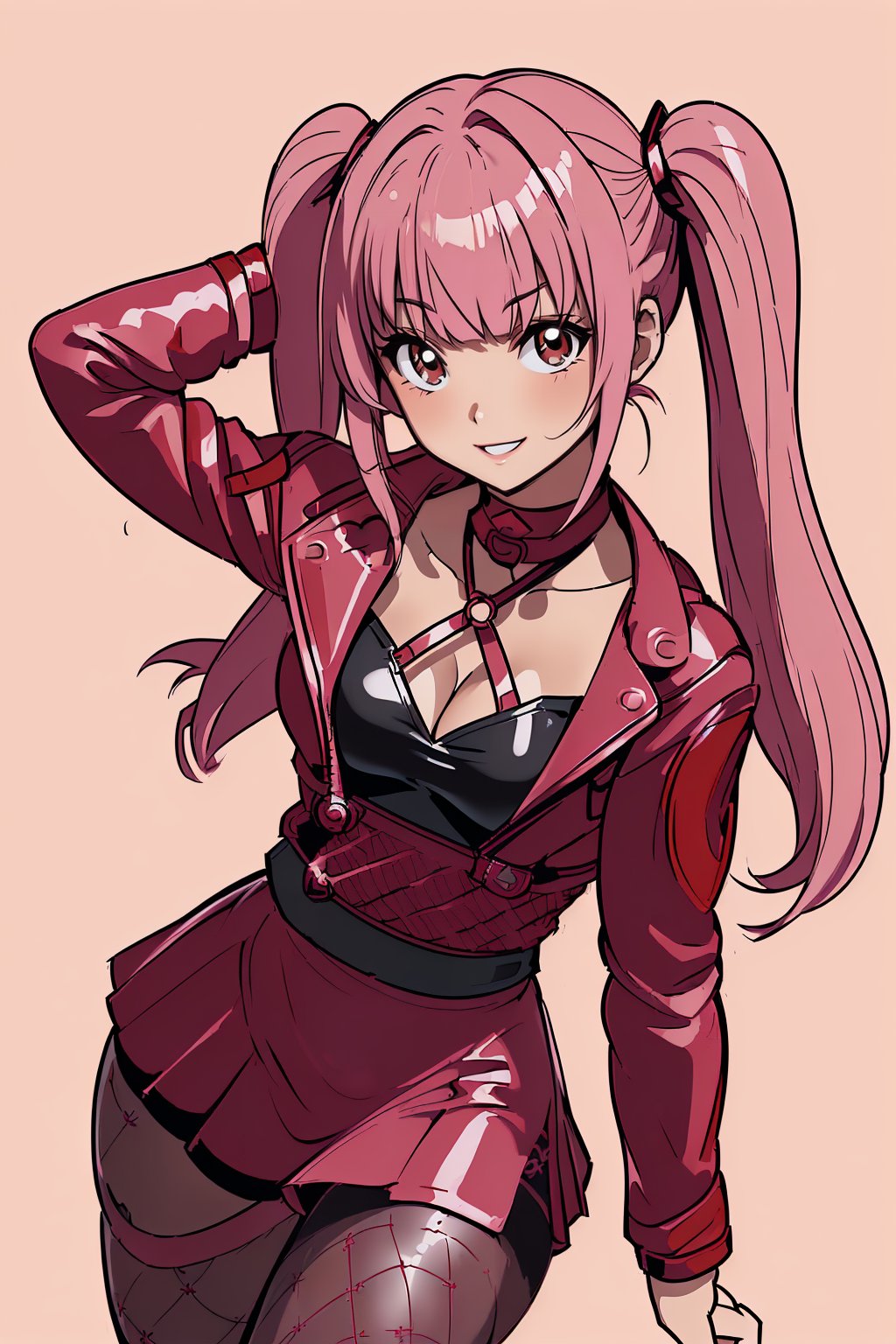 (((1girl, original, solo, petite, villainess, yandere))), (((pink hair, blunt bangs, twintails, red eyes, tiny_breasts))), (((red tight dress, cleavage, black leather jacket, fishnet_pantyhose, thighs))), (((gentle smile, looking at viewer))), (((cute girl, beautiful and delicate, perfect body, perfect anatomy)))