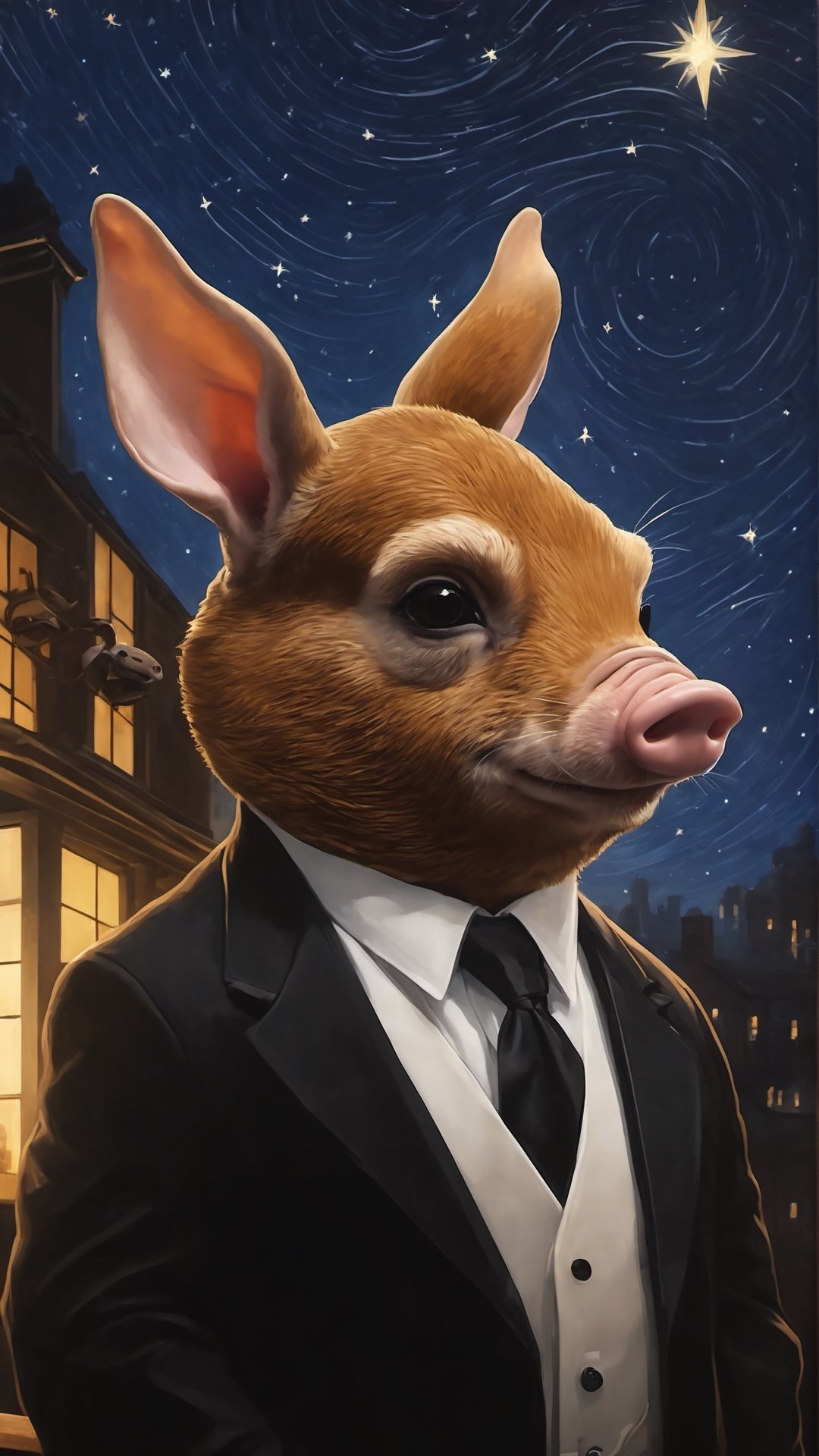 Masterpiece, (super detail), (animal anthropomorphism), gangster theme, (Pig: 0.33), ((human ears:1.5)), Smoking, black suit, Heavenly Father style, smiling towards the camera, looking at the audience, standing on a balcony against a starry night background, super clarity, super facial detail all over, intricate,