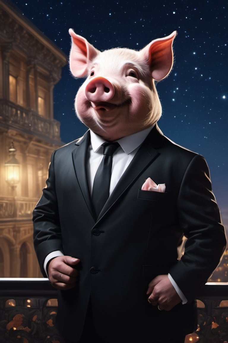Masterpiece, (super detail), (animal anthropomorphism), gangster theme, (pig, smoking, black suit, presidential figure), Heavenly Father style, fake smile, looking at the audience, standing on the balcony of the night starry background, super clarity, super facial detail all over, intricate