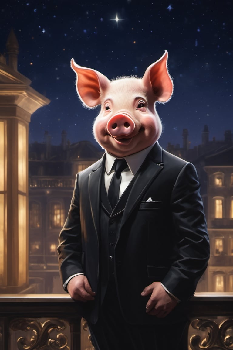 Masterpiece, (super detail), (animal anthropomorphism), gangster theme, (pig, smoking, black suit, presidential figure), Heavenly Father style, fake smile, looking at the audience, standing on the balcony of the night starry background, super clarity, super facial detail all over, intricate