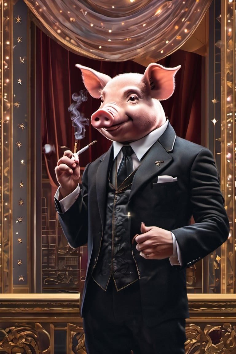 Masterpiece, (super detail), (animal anthropomorphism), gangster theme, (pig, smoking, black suit, presidential figure), Heavenly Father style, fake smile, looking at the audience, standing on the balcony of the night starry background, super clarity, super facial detail all over, intricate