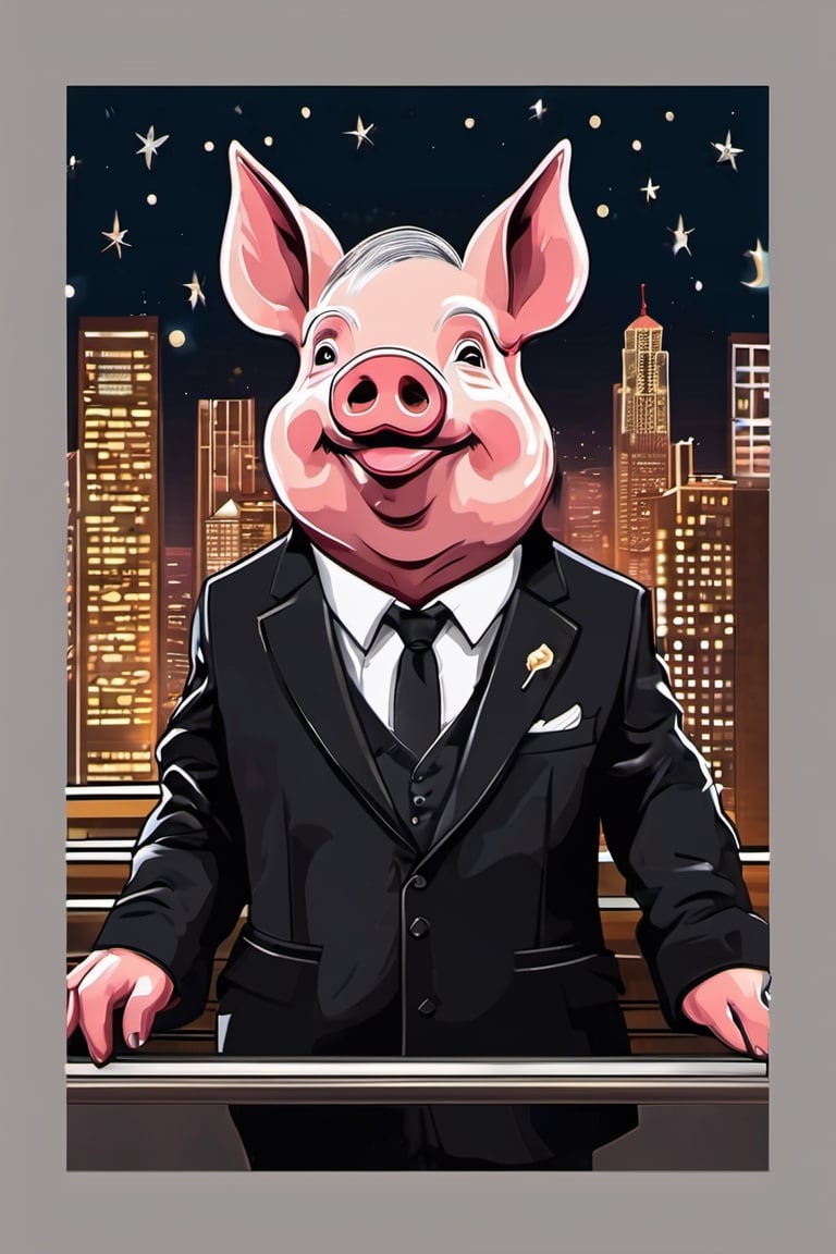 Masterpiece, (super detail), (animal anthropomorphism), gangster theme, (pig, smoking, black suit, presidential figure), Heavenly Father style, fake smile, looking at the audience, standing on the balcony of the night starry background, super clarity, super facial detail all over, intricate