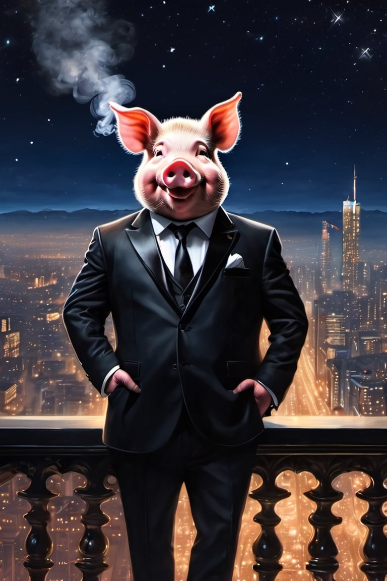 Masterpiece, (super detail), (animal anthropomorphism), gangster theme, (pig, smoking, black suit, presidential figure), Heavenly Father style, fake smile, looking at the audience, standing on the balcony of the night starry background, super clarity, super facial detail all over, intricate