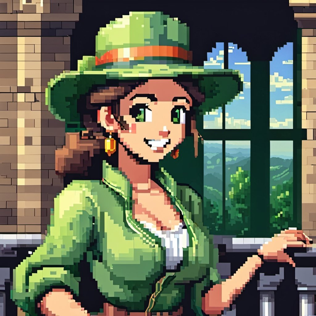 A man or a woman, wearing a beautiful green hat, a fashionable green hat, smile, half body, masterpiece, super detail, background single color, look at the camera, look at the audience, standing on the balcony, solid color background, super clear, super facial detail, intricate, (castle :1.3), pixel art,