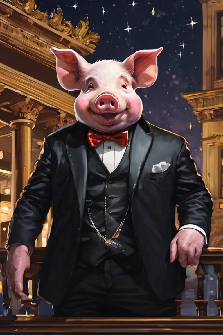 Masterpiece, (super detail), (animal anthropomorphism), gangster theme, (pig, smoking, black suit, presidential figure), Heavenly Father style, fake smile, looking at the audience, standing on the balcony of the night starry background, super clarity, super facial detail all over, intricate