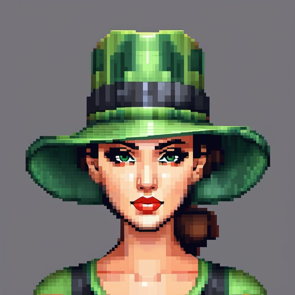 A beautiful green hat, trendy style green hat, half, masterpiece, super detail, background single color, look at the camera, look at the viewer, solid color background, Super clear, super facial detail, intricate, pixel art,