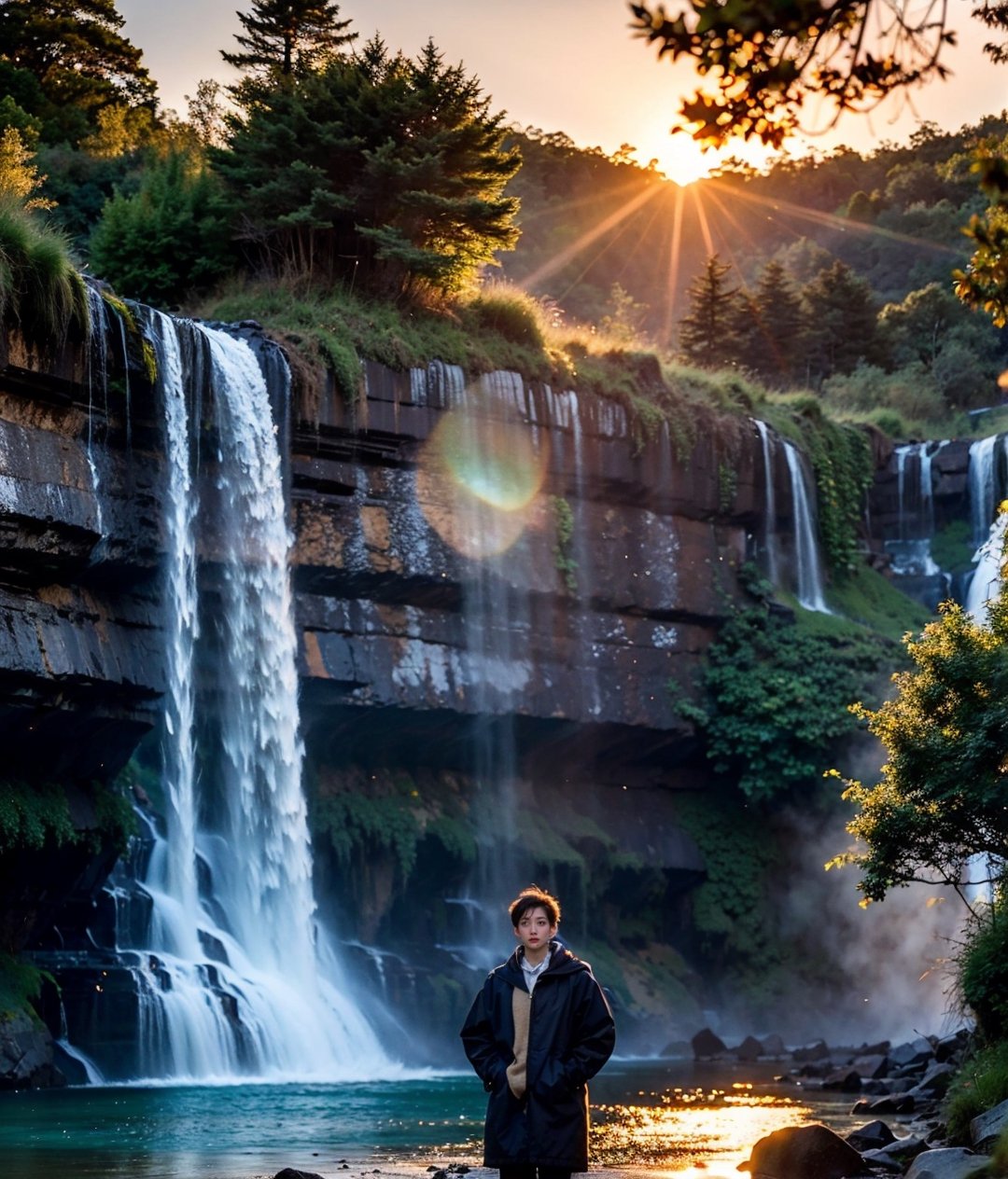 (Masterpiece, ultra detailed, hyper quality, best result) man wearing old time journey coat, standing in front of rocky woods on flying islands at sunset, waterfall on the foreground, leafs falling ,High detailed