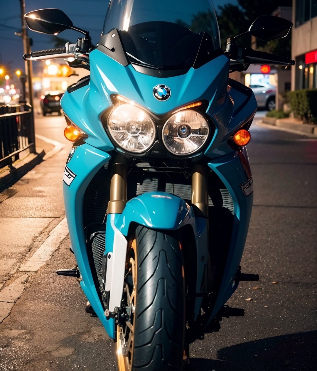 RAW phontograph of bmw bike, blue color,blue color bike, dark sky,cool, asthetic, spoilers,full bike in frame, full bike picture,highly detaited, 8k, 1000mp,ultra sharp, master peice, realistic,detailed grills, detailed headlights,4k grill, 4k headlights, neon city, great body kit,yhmotorbike