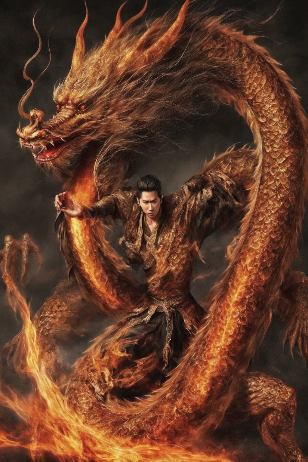 asian men go a long hunting and see real dragon 
,Strange Dragon,LegendDarkFantasy