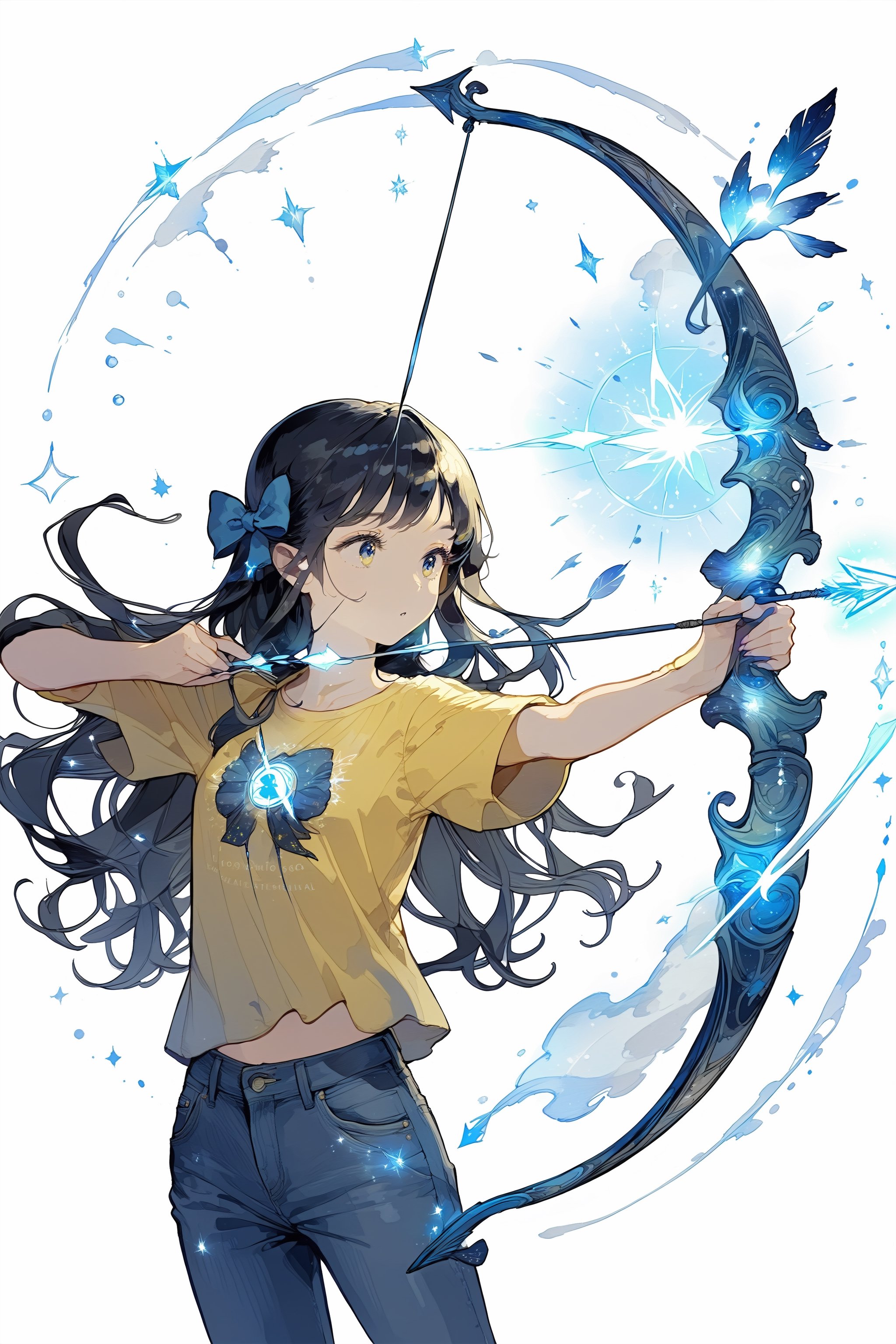 Illustration of a girl drawing a huge bow embodied by magic.
The girl is staring in the direction of the arrow, 
The bow is made of magic and glows blue.
The girl has black hair
The bow radiates magical power.
The girl is wearing a plain yellow T-shirt. denim pants.
This is a super detailed illustration.
A masterpiece, top quality, aesthetic, 
White background, 