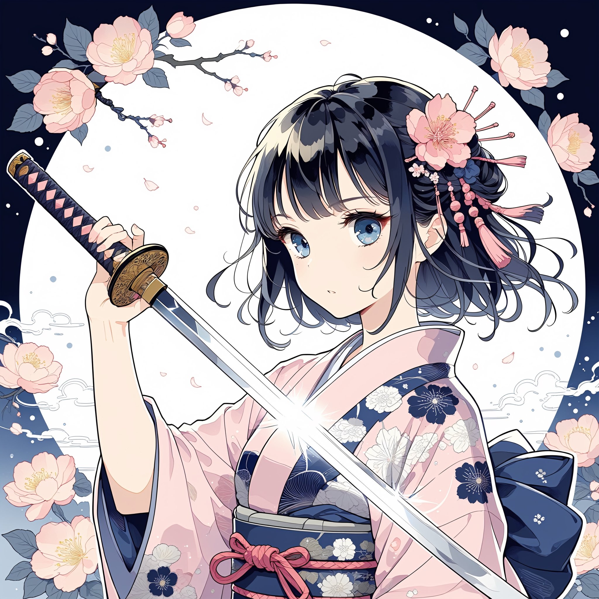 Illustration of a girl holding a Japanese sword in Japanese anime style.
The girl is carrying a Japanese sword on her shoulder.
The girl is wearing a beautiful pink and navy blue kimono.
She has long black hair and a flower hair ornament.
The girl has beautiful blue eyes.
The blade of the sword is shining silver.
Her kimono is decorated with a flower pattern.
This is a super detailed illustration!
masterpiece, top quality, aesthetic,Samurai_Girl