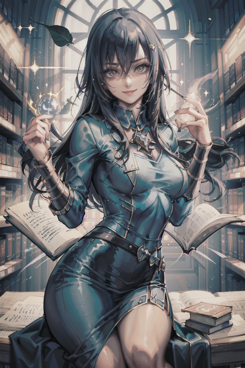 (((female charactera))), masterpiece, best quality, highres, perfect hand, perfect fingers, intense color ,nodf_loras, ((academic)), smile, leafs, (((magic academy))), library, 