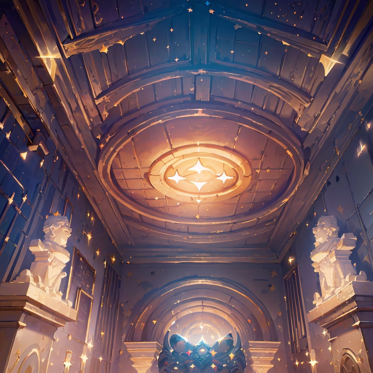 Frontal side, finely detail, Depth of field, (((masterpiece))), ((extremely detailed CG unity 8k wallpaper)), intricate detail, (best illumination, best shadow), (((magic around))), (((statues distributed in a semicircle))), (open sky square), (((ceiling with stars))),
