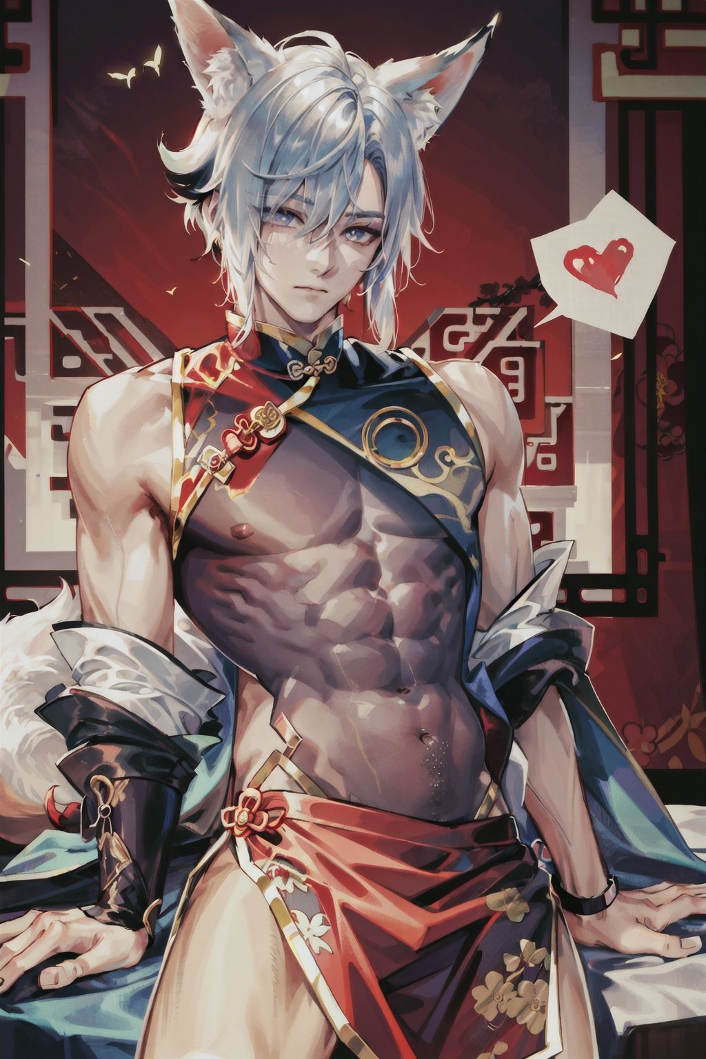 (((male character))), short hair, skirt cut side, masterpiece, best quality, highres, perfect hand, perfect fingers, city, (((1boy))),  intense colors, simple background, ((chinese clothes)), (((night)),  kinky face, fox ears, head to thighs, long hair, shenhe_genshin,1boy, fox tail, elegant, kinky, suggestive position, 